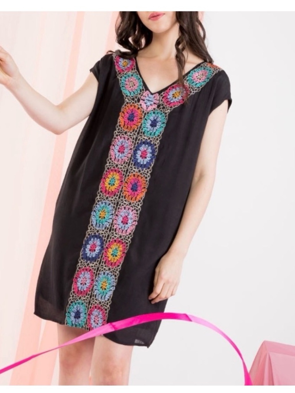THML Black Shift Dress with Multicolor Crochet Trim